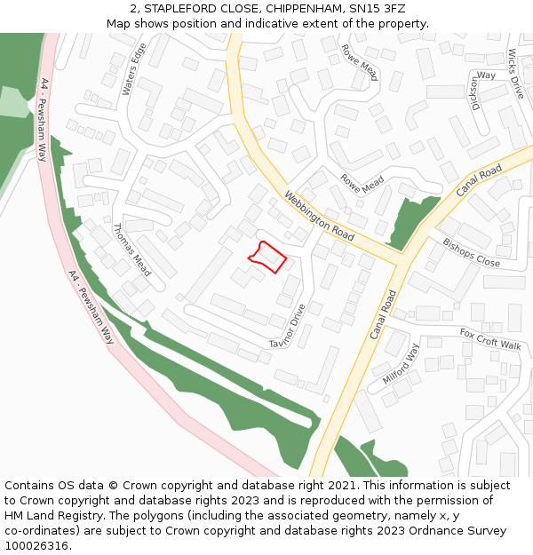 2, STAPLEFORD CLOSE, CHIPPENHAM, SN15 3FZ: Location map and indicative extent of plot