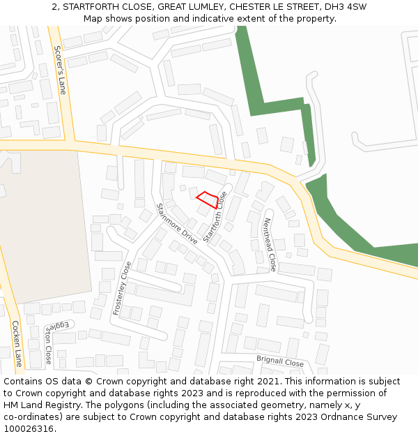 2, STARTFORTH CLOSE, GREAT LUMLEY, CHESTER LE STREET, DH3 4SW: Location map and indicative extent of plot