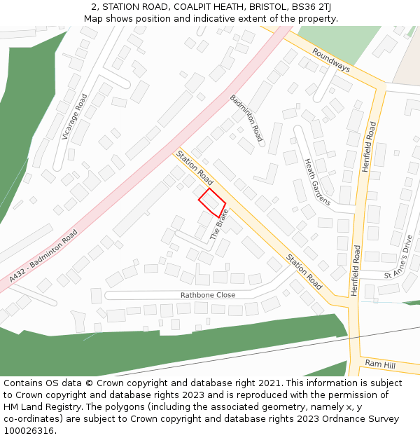 2, STATION ROAD, COALPIT HEATH, BRISTOL, BS36 2TJ: Location map and indicative extent of plot