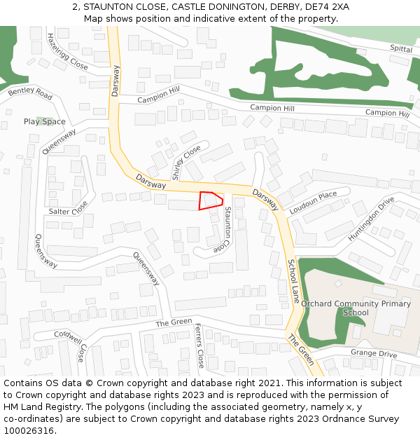 2, STAUNTON CLOSE, CASTLE DONINGTON, DERBY, DE74 2XA: Location map and indicative extent of plot