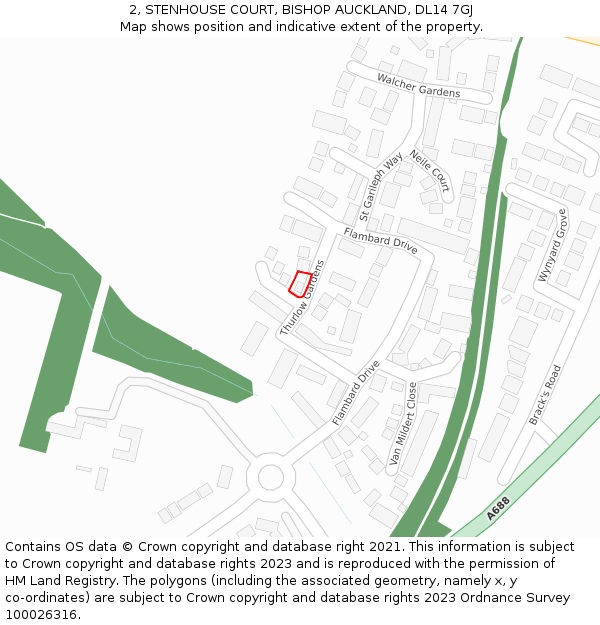 2, STENHOUSE COURT, BISHOP AUCKLAND, DL14 7GJ: Location map and indicative extent of plot