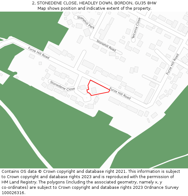 2, STONEDENE CLOSE, HEADLEY DOWN, BORDON, GU35 8HW: Location map and indicative extent of plot
