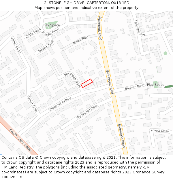 2, STONELEIGH DRIVE, CARTERTON, OX18 1ED: Location map and indicative extent of plot