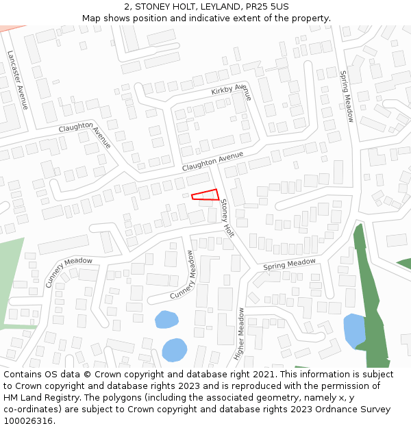 2, STONEY HOLT, LEYLAND, PR25 5US: Location map and indicative extent of plot
