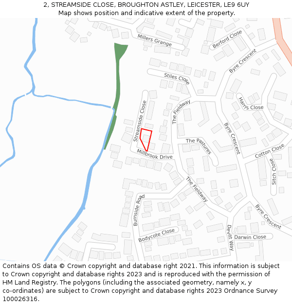 2, STREAMSIDE CLOSE, BROUGHTON ASTLEY, LEICESTER, LE9 6UY: Location map and indicative extent of plot