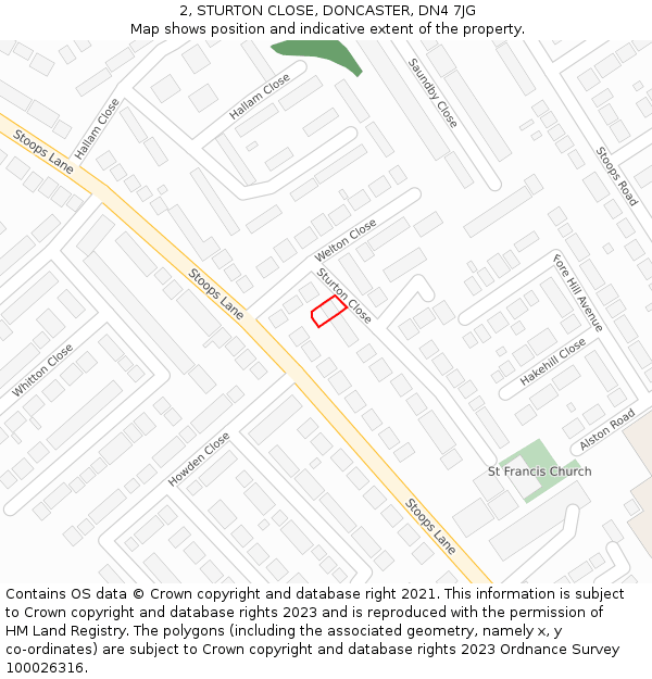 2, STURTON CLOSE, DONCASTER, DN4 7JG: Location map and indicative extent of plot