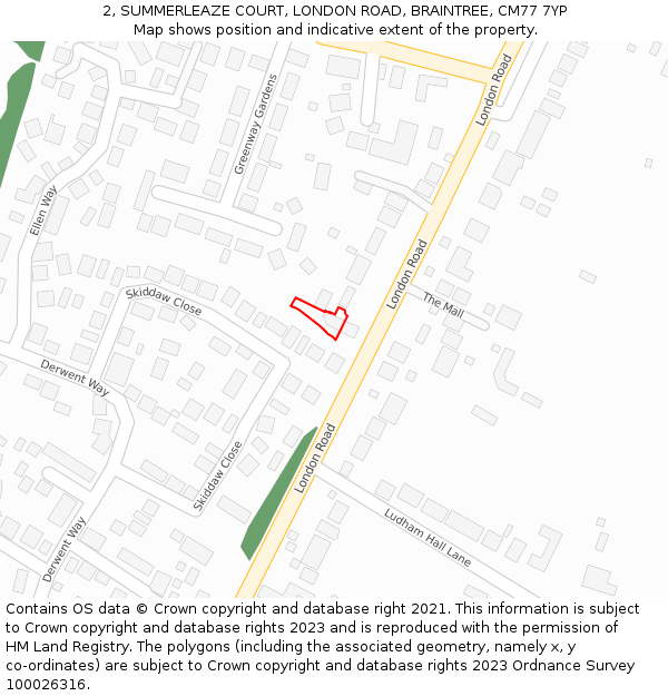 2, SUMMERLEAZE COURT, LONDON ROAD, BRAINTREE, CM77 7YP: Location map and indicative extent of plot