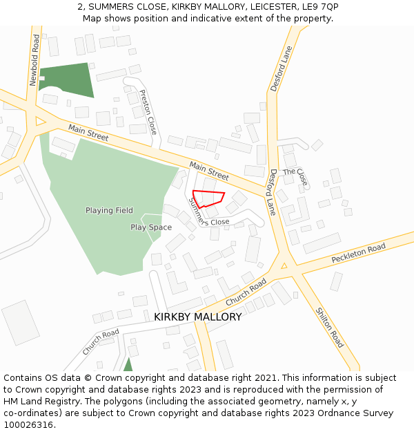 2, SUMMERS CLOSE, KIRKBY MALLORY, LEICESTER, LE9 7QP: Location map and indicative extent of plot