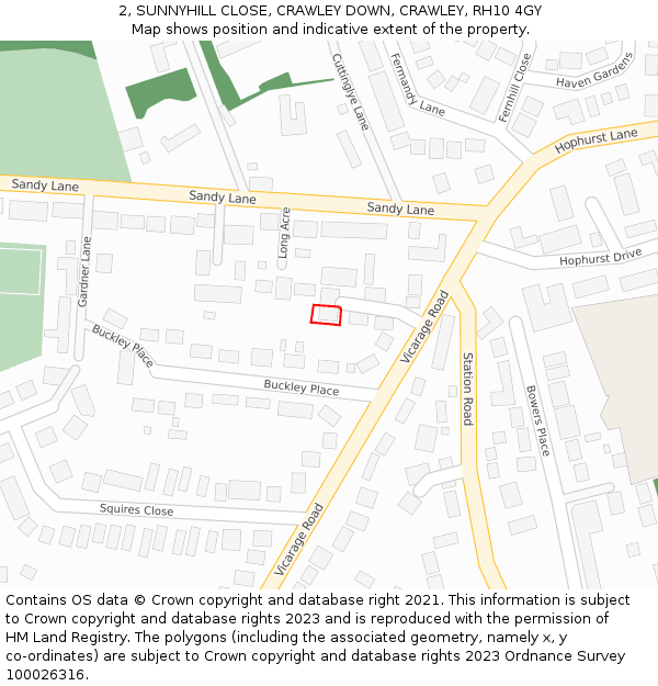 2, SUNNYHILL CLOSE, CRAWLEY DOWN, CRAWLEY, RH10 4GY: Location map and indicative extent of plot