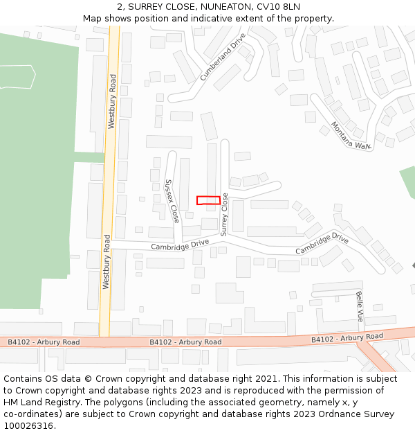 2, SURREY CLOSE, NUNEATON, CV10 8LN: Location map and indicative extent of plot