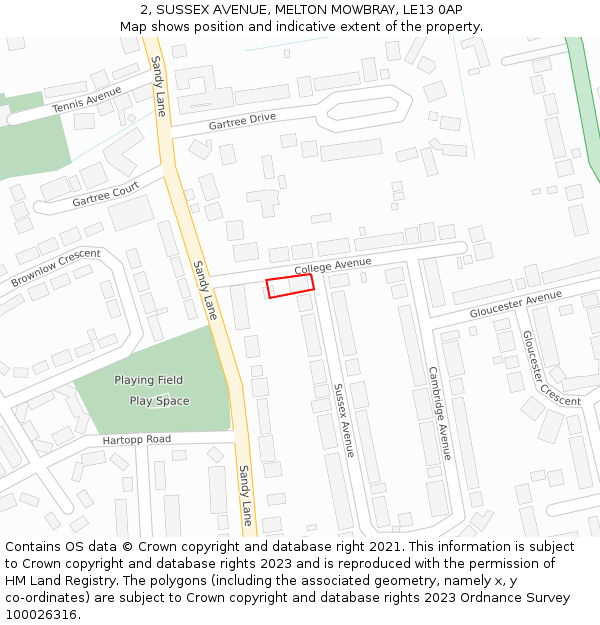 2, SUSSEX AVENUE, MELTON MOWBRAY, LE13 0AP: Location map and indicative extent of plot