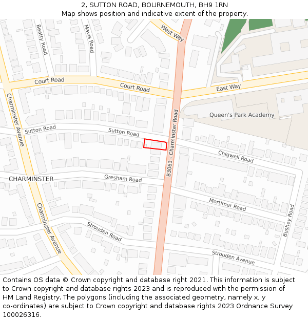 2, SUTTON ROAD, BOURNEMOUTH, BH9 1RN: Location map and indicative extent of plot