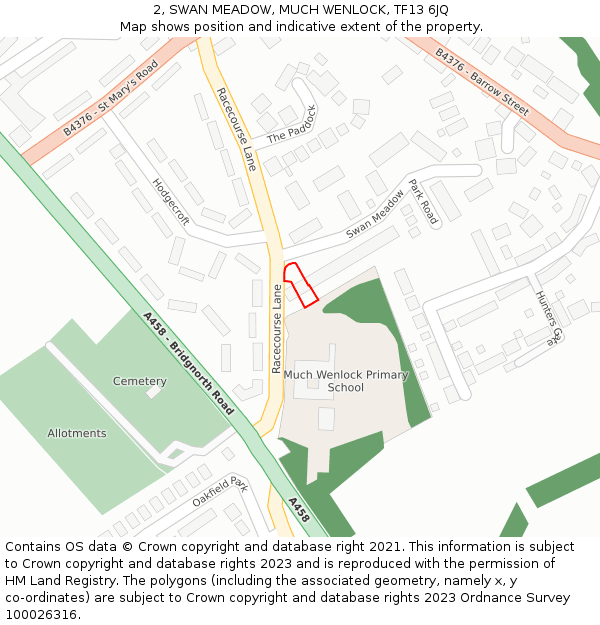 2, SWAN MEADOW, MUCH WENLOCK, TF13 6JQ: Location map and indicative extent of plot