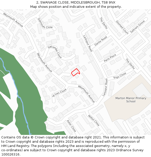 2, SWANAGE CLOSE, MIDDLESBROUGH, TS8 9NX: Location map and indicative extent of plot