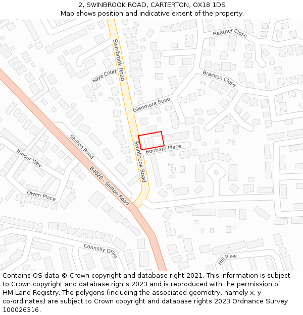 2, SWINBROOK ROAD, CARTERTON, OX18 1DS: Location map and indicative extent of plot