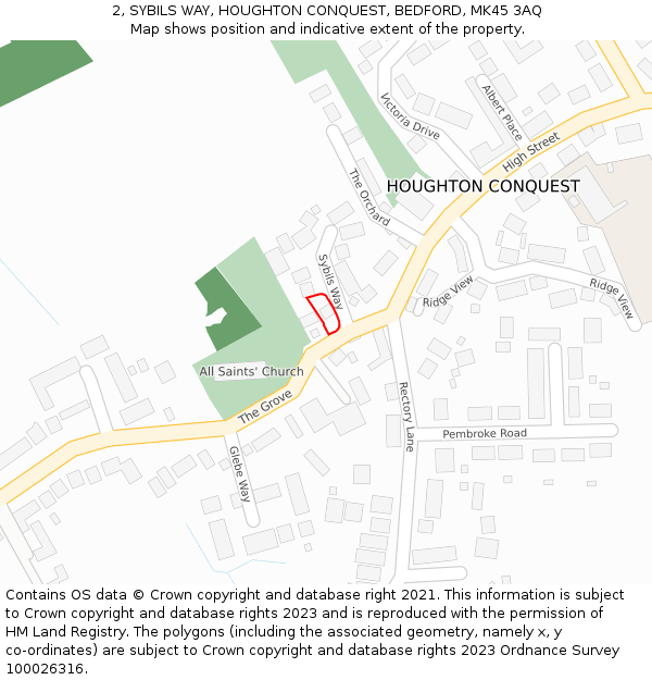 2, SYBILS WAY, HOUGHTON CONQUEST, BEDFORD, MK45 3AQ: Location map and indicative extent of plot