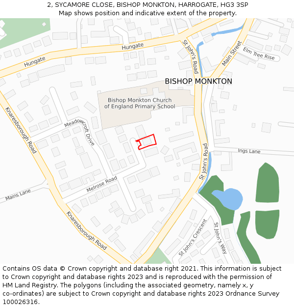 2, SYCAMORE CLOSE, BISHOP MONKTON, HARROGATE, HG3 3SP: Location map and indicative extent of plot