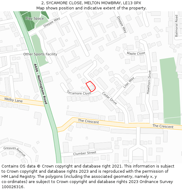 2, SYCAMORE CLOSE, MELTON MOWBRAY, LE13 0PX: Location map and indicative extent of plot