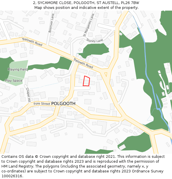 2, SYCAMORE CLOSE, POLGOOTH, ST AUSTELL, PL26 7BW: Location map and indicative extent of plot