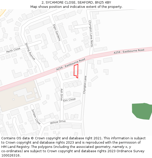 2, SYCAMORE CLOSE, SEAFORD, BN25 4BY: Location map and indicative extent of plot