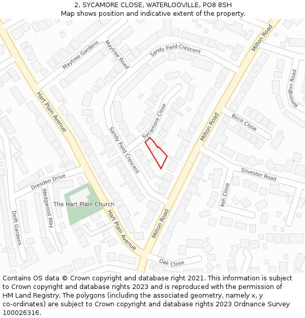 2, SYCAMORE CLOSE, WATERLOOVILLE, PO8 8SH: Location map and indicative extent of plot