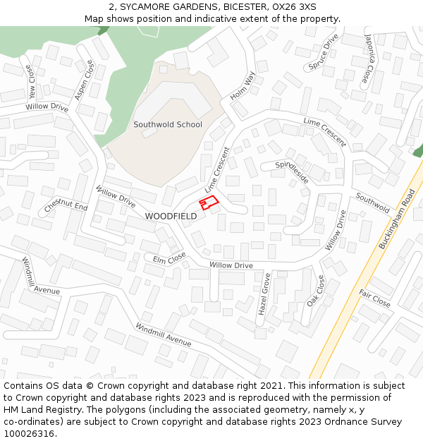 2, SYCAMORE GARDENS, BICESTER, OX26 3XS: Location map and indicative extent of plot