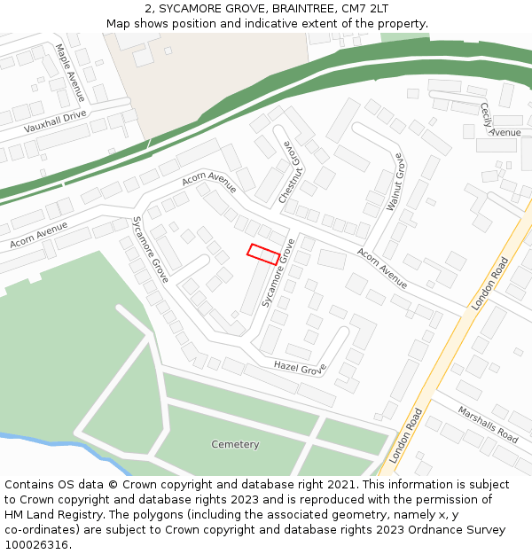 2, SYCAMORE GROVE, BRAINTREE, CM7 2LT: Location map and indicative extent of plot