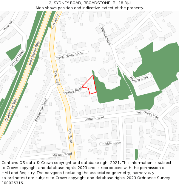 2, SYDNEY ROAD, BROADSTONE, BH18 8JU: Location map and indicative extent of plot