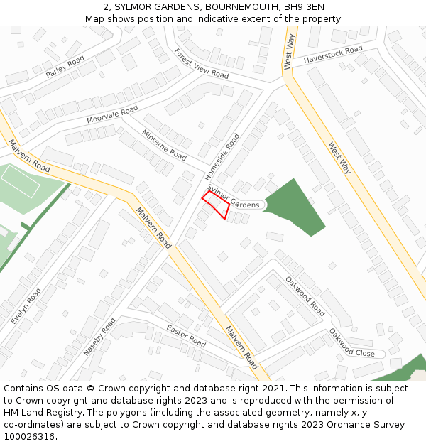 2, SYLMOR GARDENS, BOURNEMOUTH, BH9 3EN: Location map and indicative extent of plot