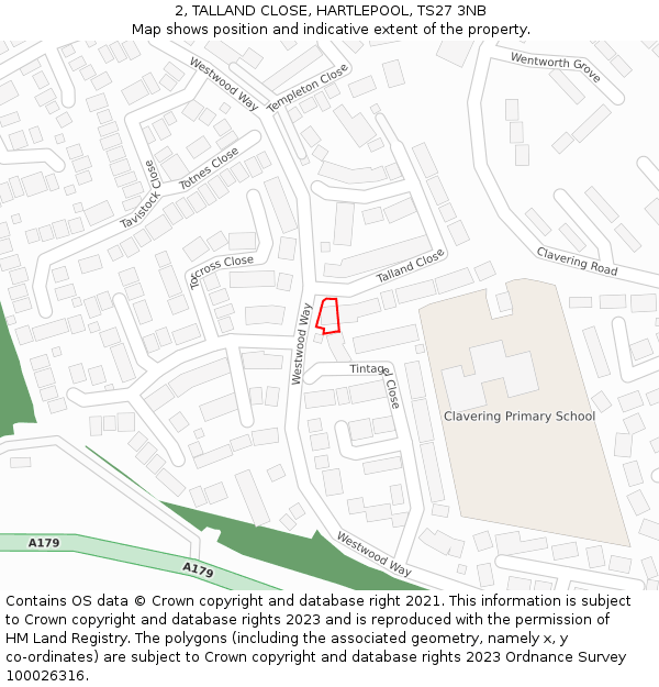 2, TALLAND CLOSE, HARTLEPOOL, TS27 3NB: Location map and indicative extent of plot