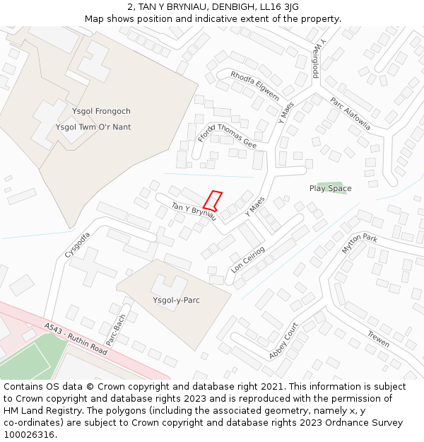 2, TAN Y BRYNIAU, DENBIGH, LL16 3JG: Location map and indicative extent of plot