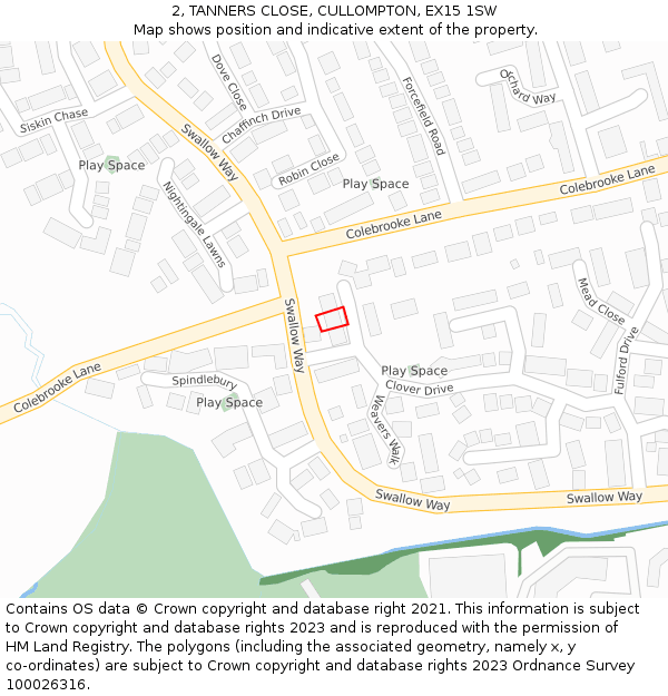 2, TANNERS CLOSE, CULLOMPTON, EX15 1SW: Location map and indicative extent of plot