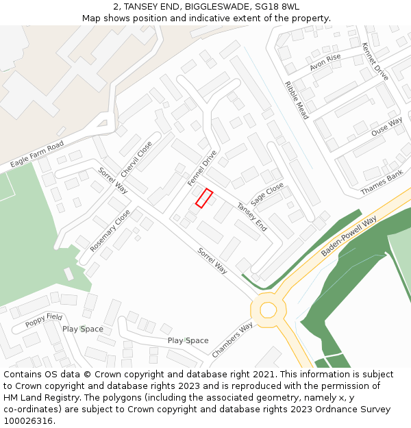 2, TANSEY END, BIGGLESWADE, SG18 8WL: Location map and indicative extent of plot