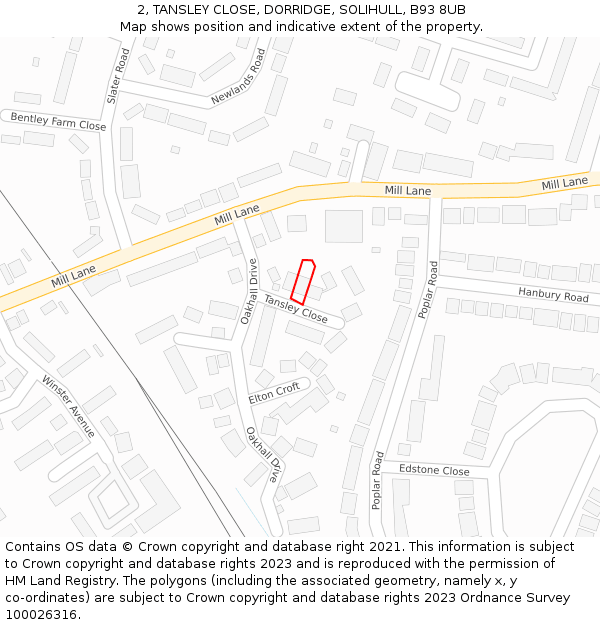 2, TANSLEY CLOSE, DORRIDGE, SOLIHULL, B93 8UB: Location map and indicative extent of plot