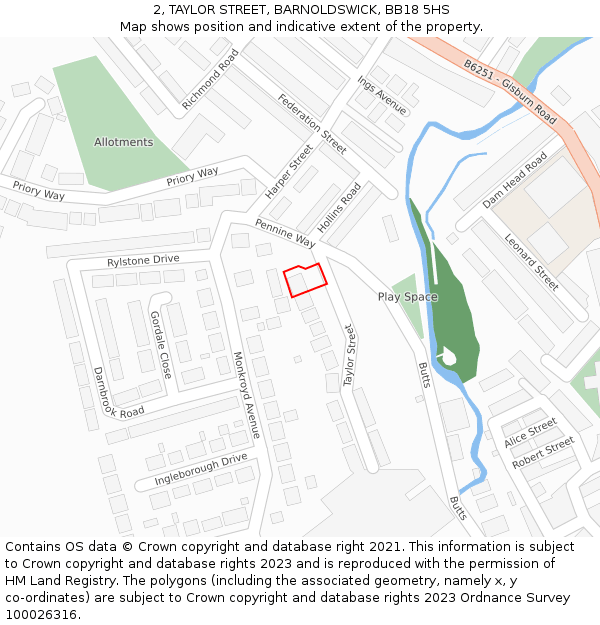 2, TAYLOR STREET, BARNOLDSWICK, BB18 5HS: Location map and indicative extent of plot