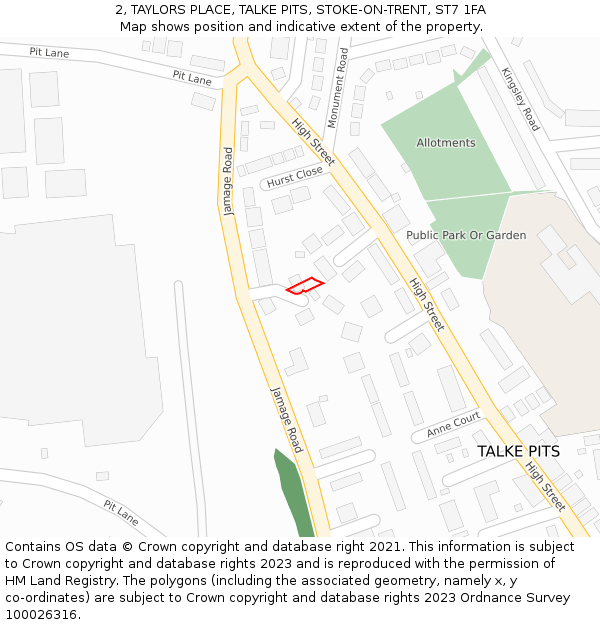 2, TAYLORS PLACE, TALKE PITS, STOKE-ON-TRENT, ST7 1FA: Location map and indicative extent of plot