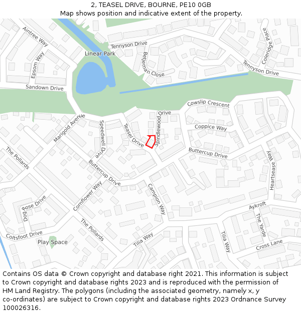 2, TEASEL DRIVE, BOURNE, PE10 0GB: Location map and indicative extent of plot