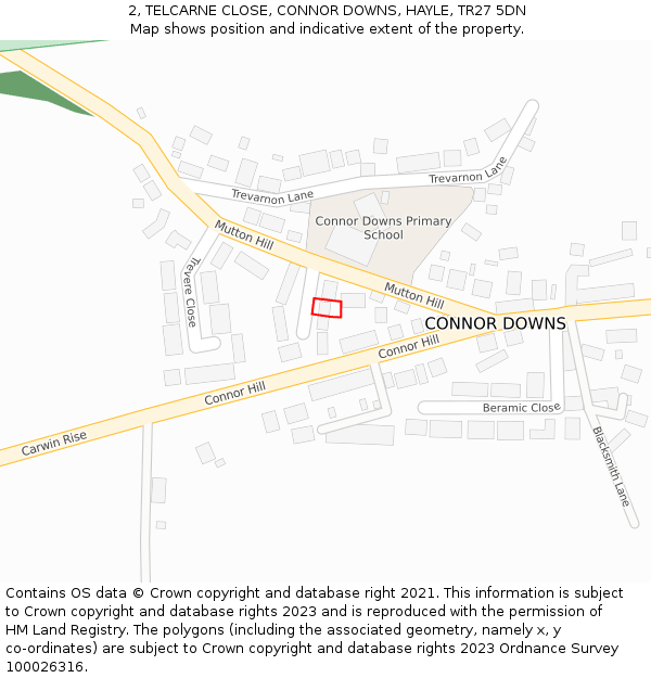 2, TELCARNE CLOSE, CONNOR DOWNS, HAYLE, TR27 5DN: Location map and indicative extent of plot