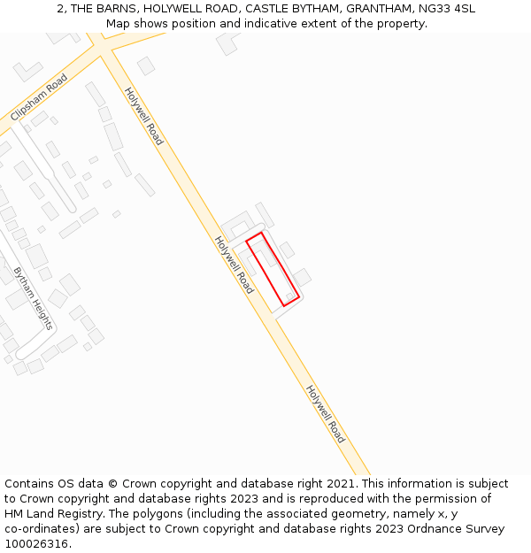 2, THE BARNS, HOLYWELL ROAD, CASTLE BYTHAM, GRANTHAM, NG33 4SL: Location map and indicative extent of plot