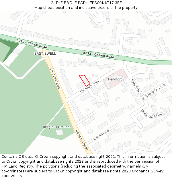 2, THE BRIDLE PATH, EPSOM, KT17 3EE: Location map and indicative extent of plot