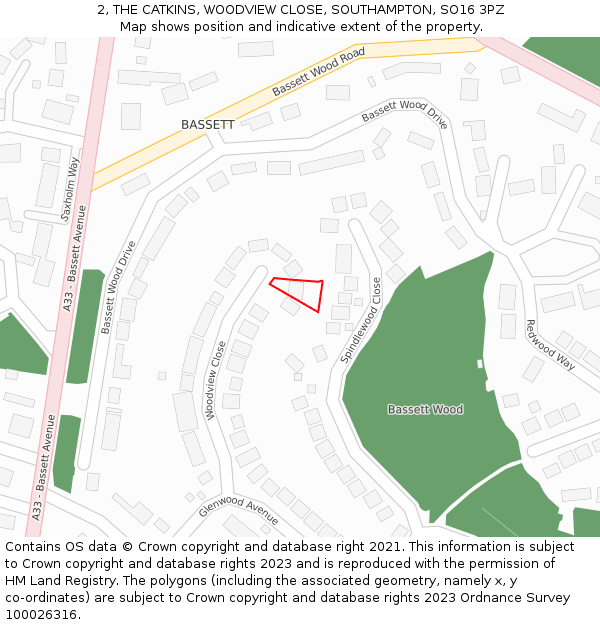 2, THE CATKINS, WOODVIEW CLOSE, SOUTHAMPTON, SO16 3PZ: Location map and indicative extent of plot