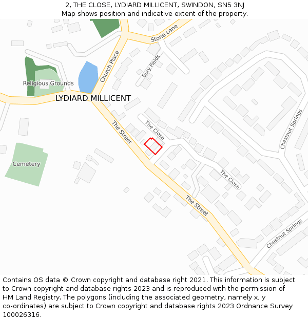 2, THE CLOSE, LYDIARD MILLICENT, SWINDON, SN5 3NJ: Location map and indicative extent of plot