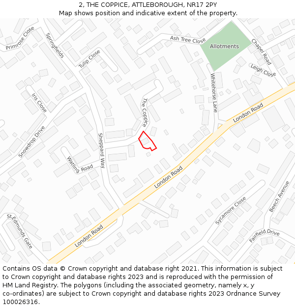 2, THE COPPICE, ATTLEBOROUGH, NR17 2PY: Location map and indicative extent of plot