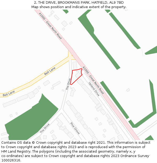 2, THE DRIVE, BROOKMANS PARK, HATFIELD, AL9 7BD: Location map and indicative extent of plot