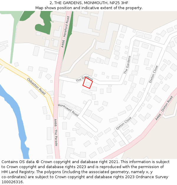 2, THE GARDENS, MONMOUTH, NP25 3HF: Location map and indicative extent of plot