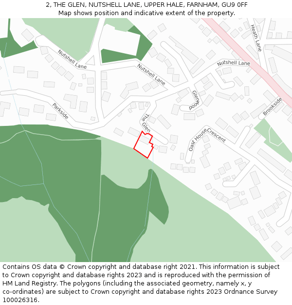 2, THE GLEN, NUTSHELL LANE, UPPER HALE, FARNHAM, GU9 0FF: Location map and indicative extent of plot