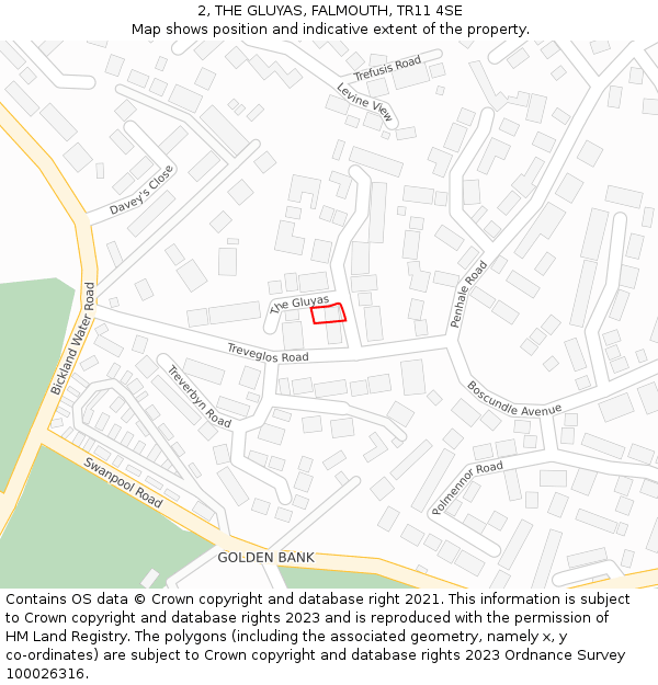 2, THE GLUYAS, FALMOUTH, TR11 4SE: Location map and indicative extent of plot