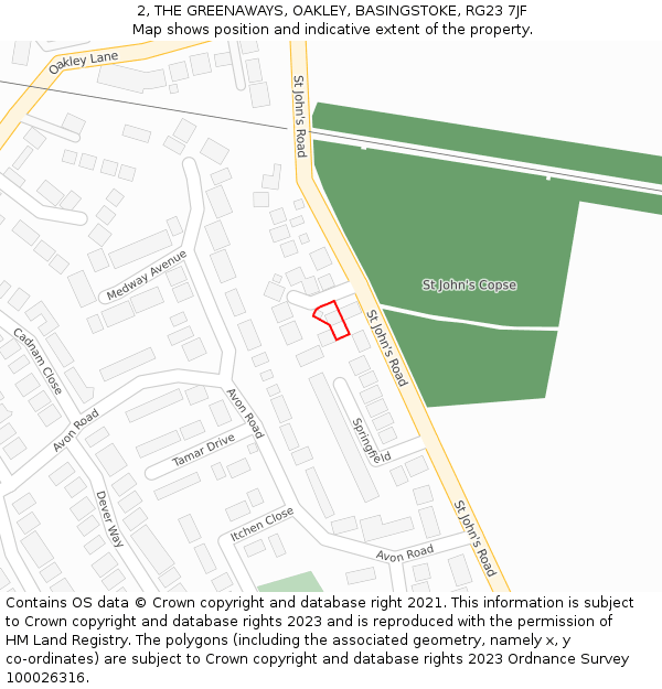 2, THE GREENAWAYS, OAKLEY, BASINGSTOKE, RG23 7JF: Location map and indicative extent of plot