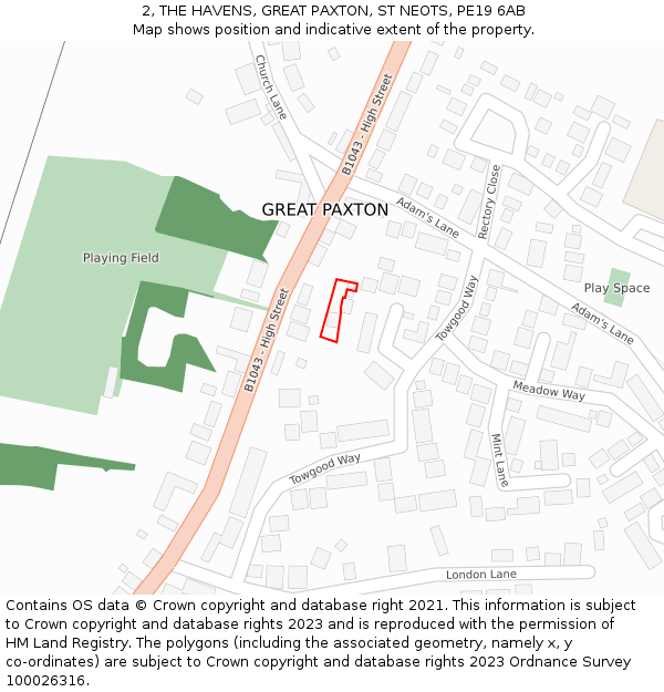 2, THE HAVENS, GREAT PAXTON, ST NEOTS, PE19 6AB: Location map and indicative extent of plot