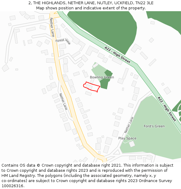 2, THE HIGHLANDS, NETHER LANE, NUTLEY, UCKFIELD, TN22 3LE: Location map and indicative extent of plot